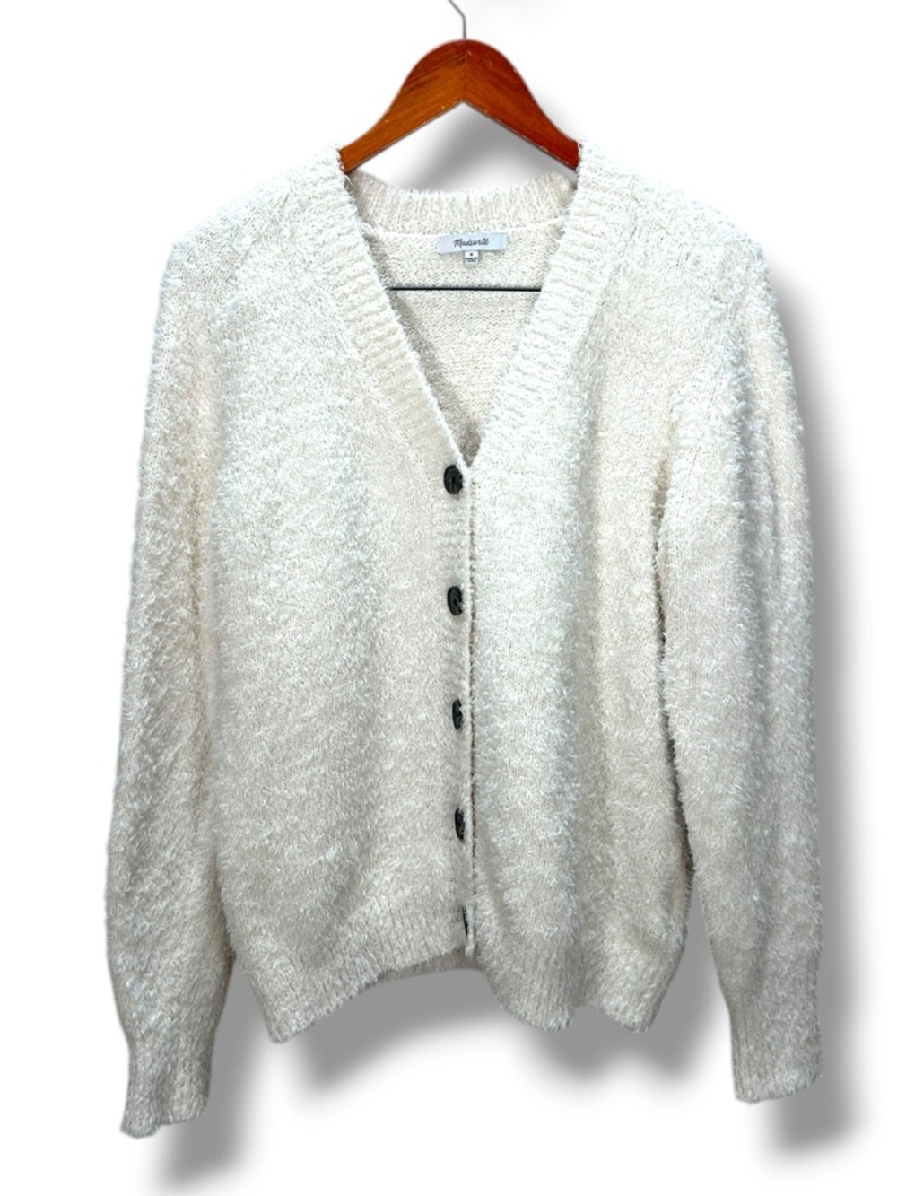 Madewell Italian Yarn Eyelash Cozy V Neck Ivory Button Up Cardigan NT612 Size M